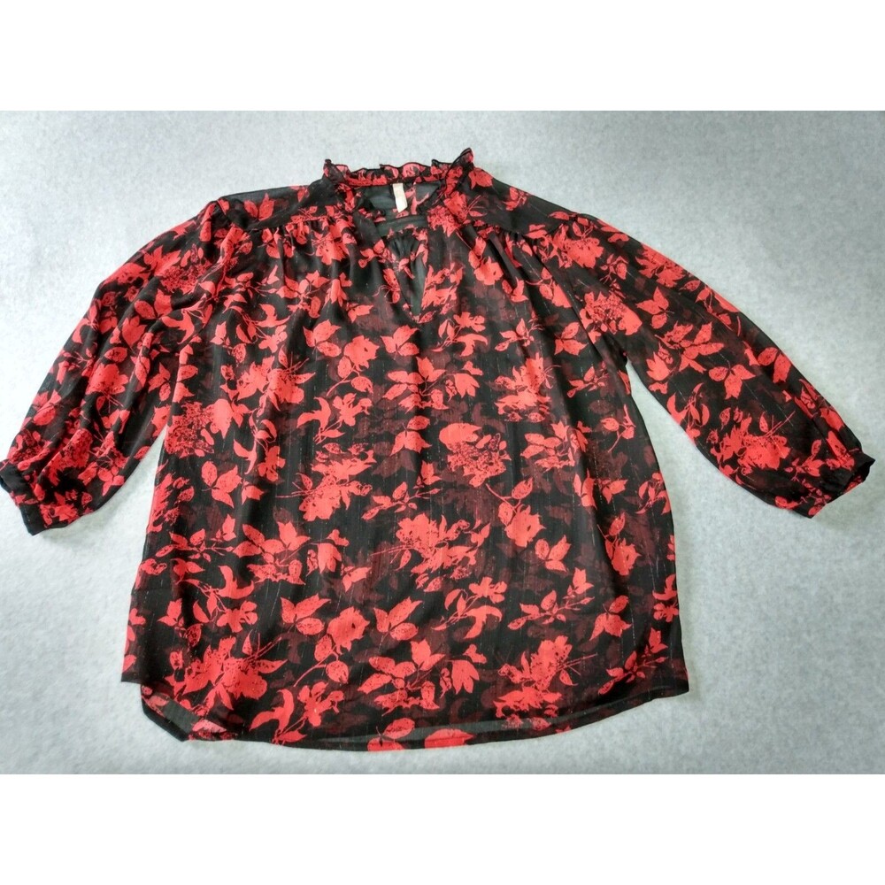 Womens Blouse Small Black Red Roses Sheer Shimmer Puff Sleeve Romantic Goth Date